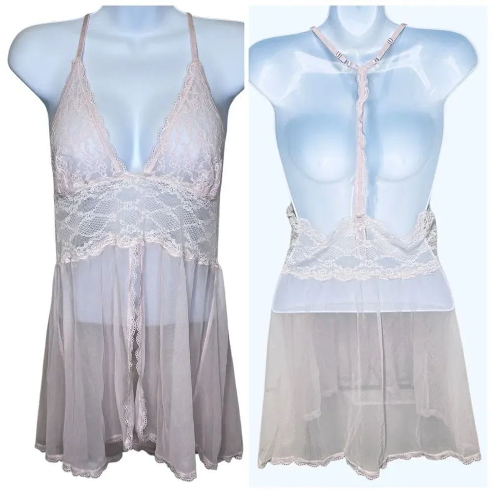 Victoria’s Secret Sheer Lace Babydoll Halter Racerback Lingerie Soft Pink XL
